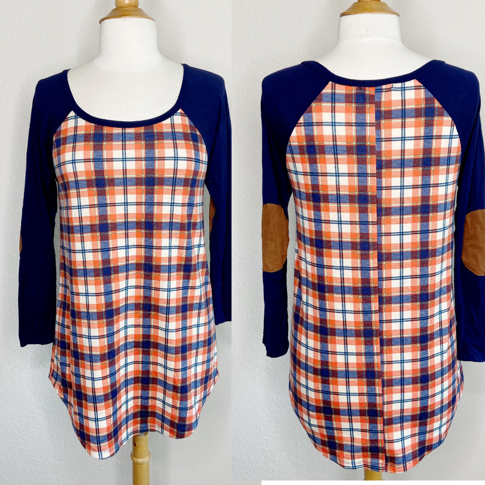 a.gain Elbow Patch 3/4 Sleeve Plaid Top